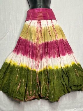 Solitaire Tie Dye Cotton Maxi Skirt Fold Over Waist Boho Festival NWT S Y2K